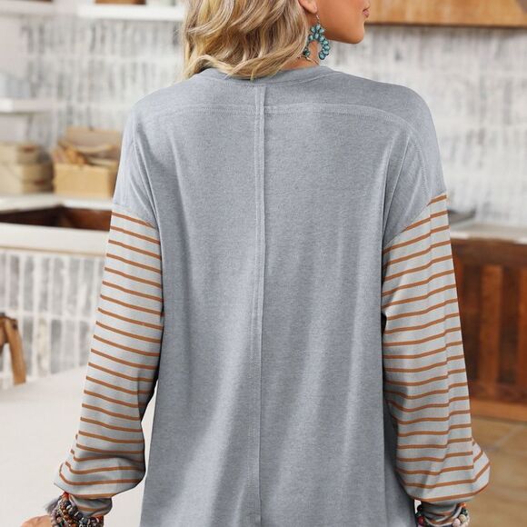 Long Sleeve Crew neck color block shirt bishop sleeve top - Picture 3 of 7